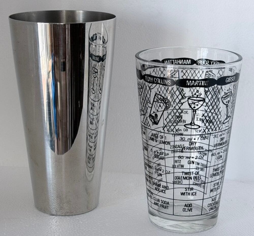 Vtg MCM Irvinware Boston Shaker Glass Stainless Steel Recipe OZ Cocktail Barware